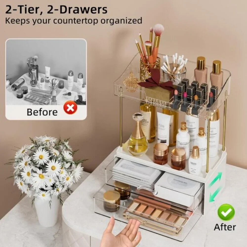 New 4-Tier Clear Bathroom Organizer, 2-Drawer Makeup & Skincare Vanity Storage